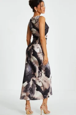 Quiz Black Marble Print Satin Ruched Midaxi Dress Outlet