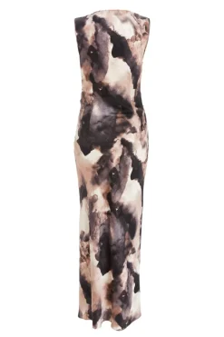 Quiz Black Marble Print Satin Ruched Midaxi Dress Outlet