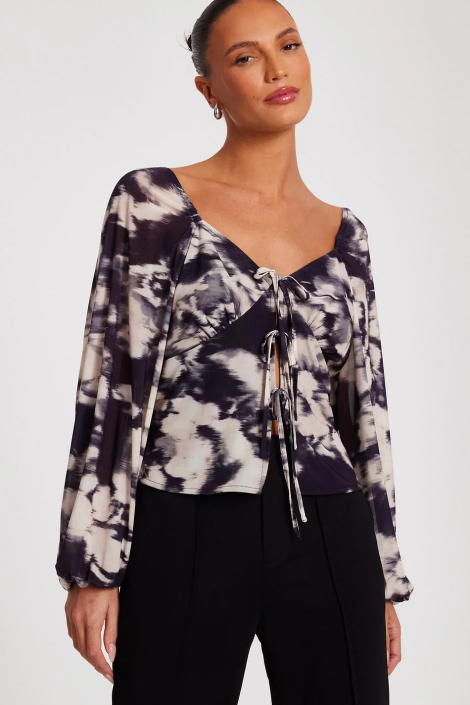 Quiz Black Marble Print Tie Front Top Online
