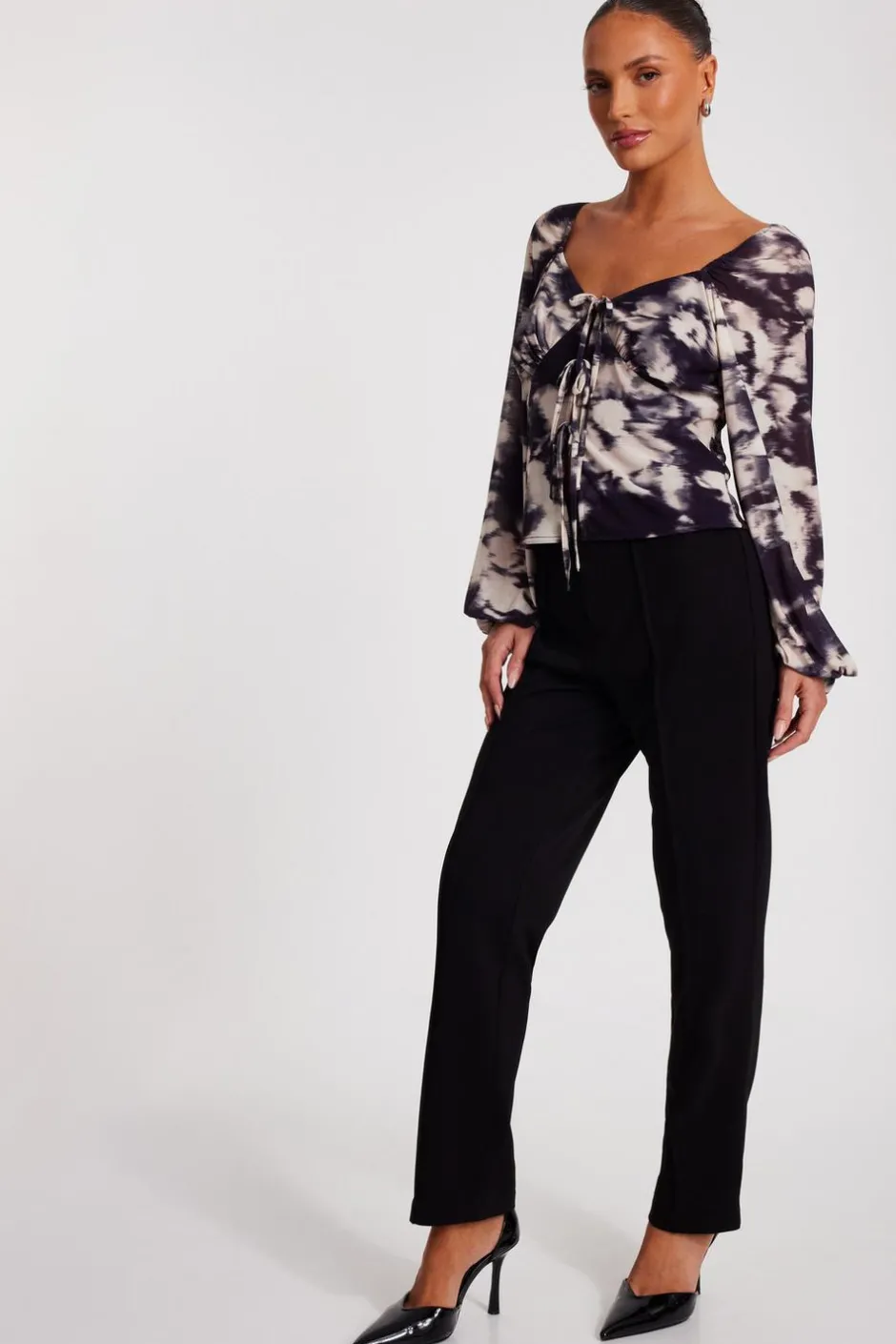 Quiz Black Marble Print Tie Front Top Online