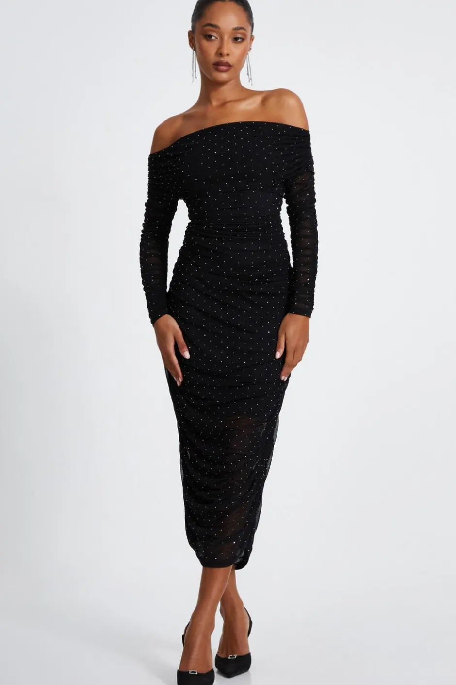 Quiz Black Mesh Bardot Midaxi Dress Discount