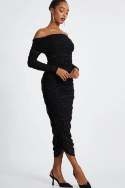 Quiz Black Mesh Bardot Midaxi Dress Discount