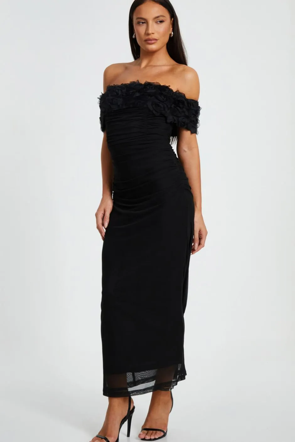 Quiz Mesh Bardot Midaxi Dress Black Best