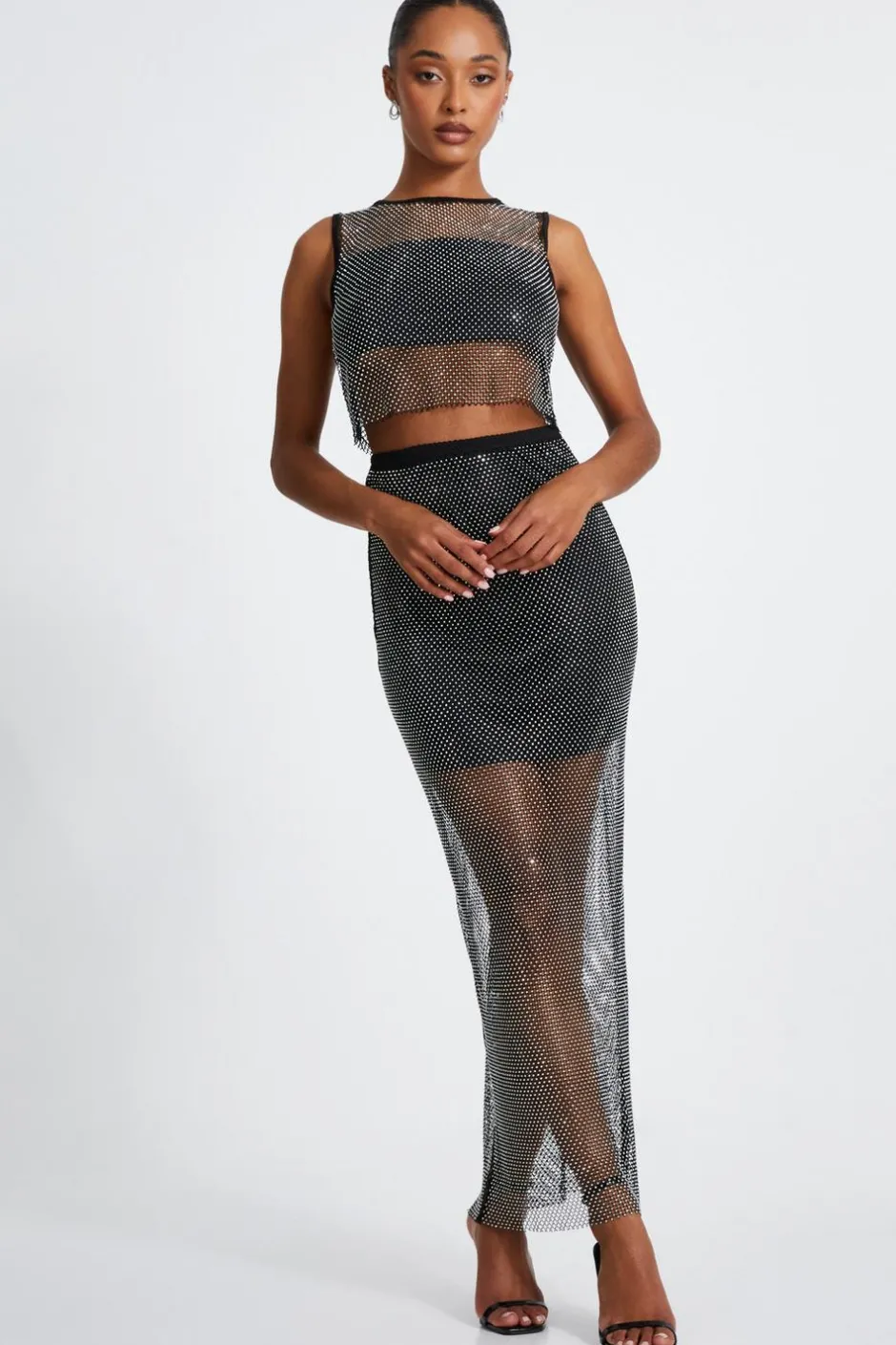 Quiz Black Mesh Diamante Midaxi Skirt Online