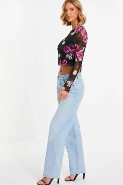 Quiz Black Mesh Floral Crop Top Discount