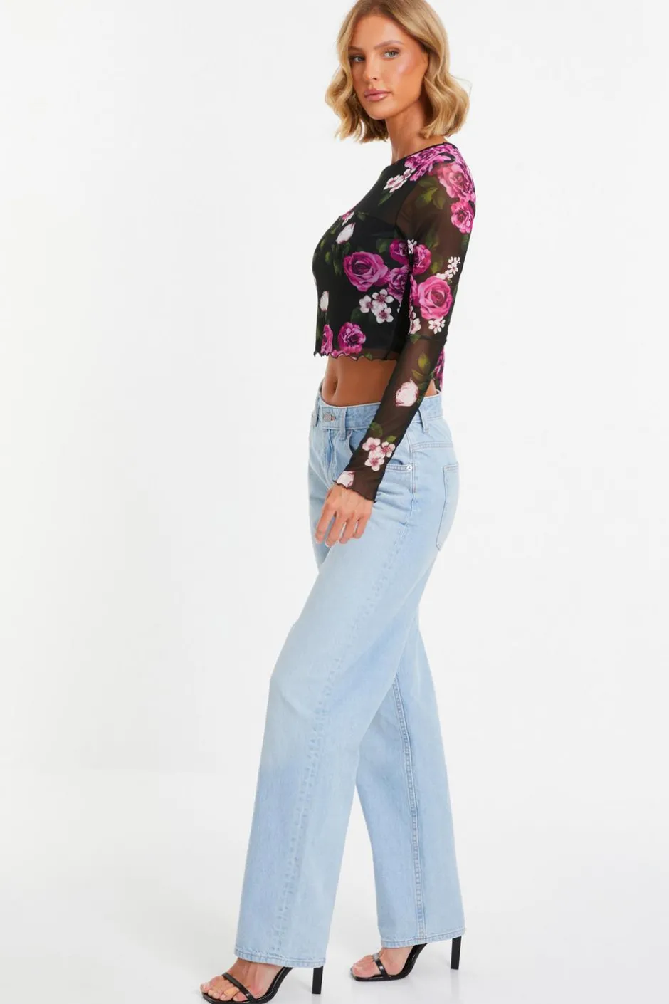 Quiz Black Mesh Floral Crop Top Discount