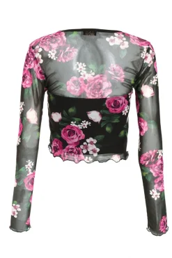 Quiz Black Mesh Floral Crop Top Discount