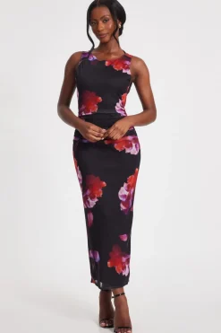 Quiz Black Mesh Floral Midaxi Dress Outlet