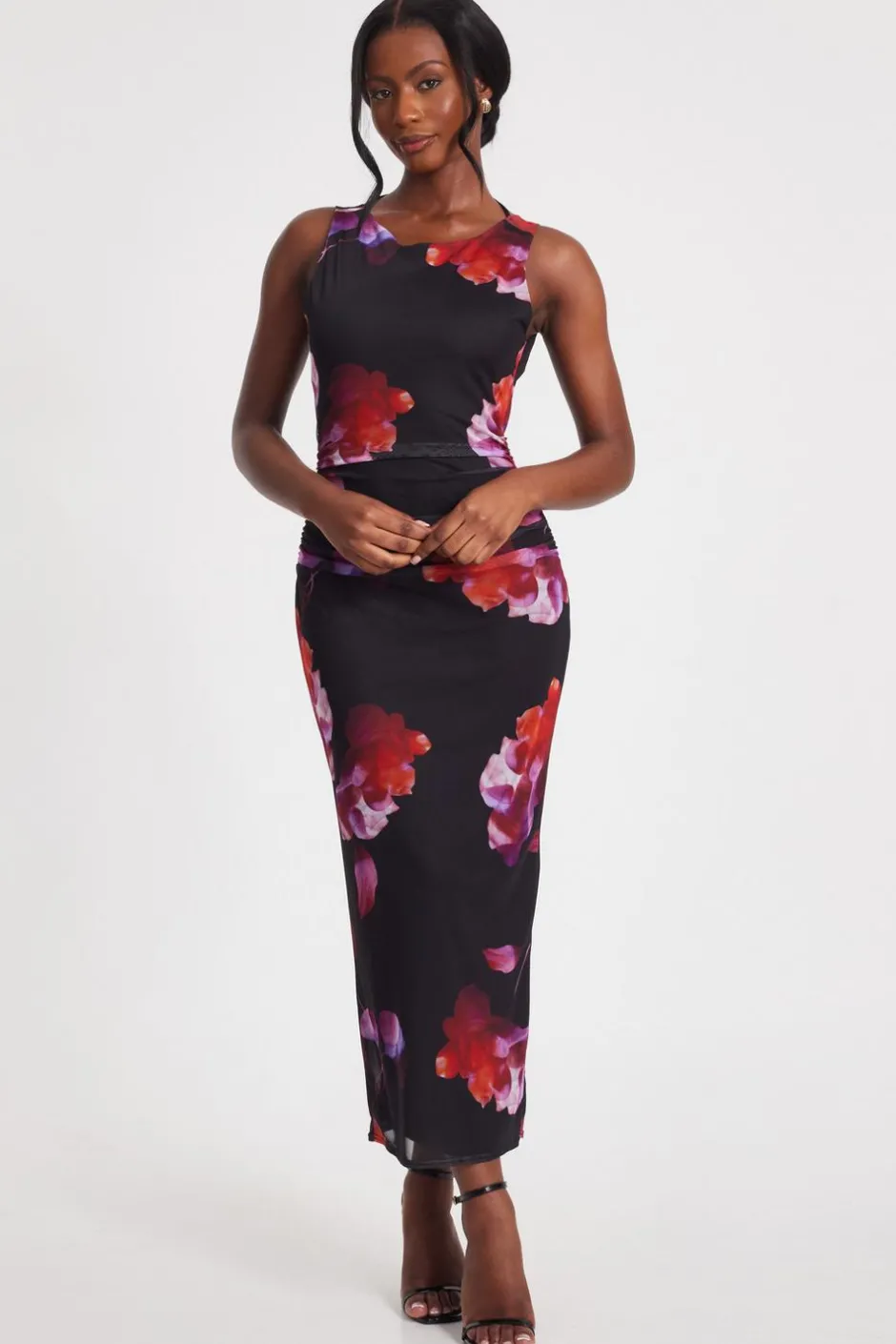 Quiz Black Mesh Floral Midaxi Dress Outlet