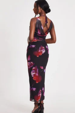 Quiz Black Mesh Floral Midaxi Dress Outlet