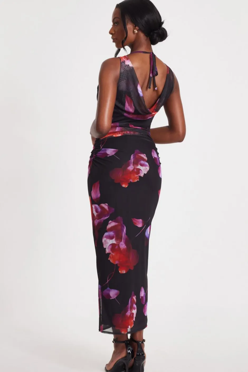 Quiz Black Mesh Floral Midaxi Dress Outlet