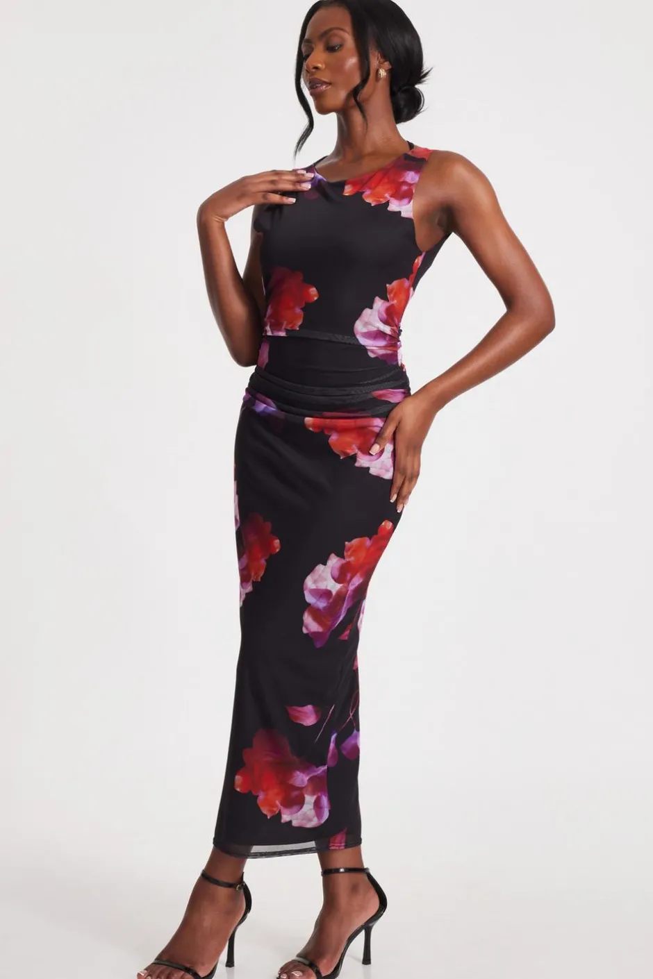 Quiz Black Mesh Floral Midaxi Dress Outlet
