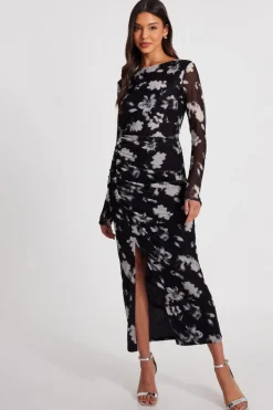Quiz Black Mesh Floral Ruched Midaxi Hot