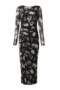 Quiz Black Mesh Floral Ruched Midaxi Hot