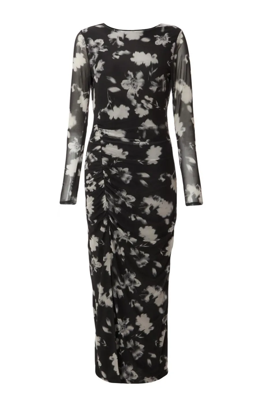 Quiz Black Mesh Floral Ruched Midaxi Hot