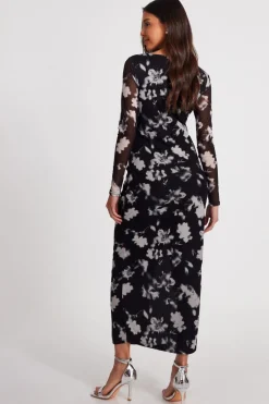 Quiz Black Mesh Floral Ruched Midaxi Hot