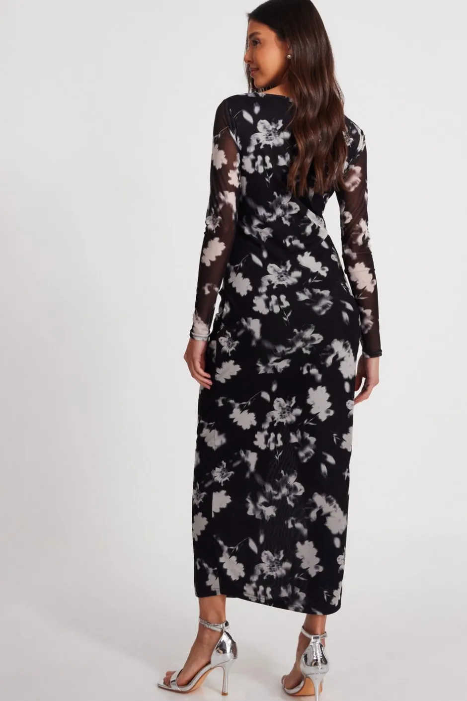Quiz Black Mesh Floral Ruched Midaxi Hot