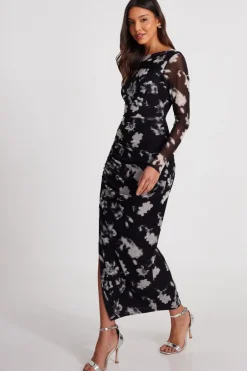 Quiz Black Mesh Floral Ruched Midaxi Hot