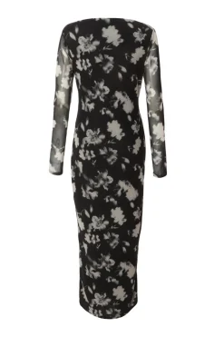 Quiz Black Mesh Floral Ruched Midaxi Hot