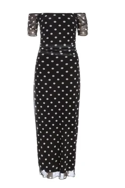 Quiz Black Mesh Polka Dot Bardot Midaxi Dress Sale