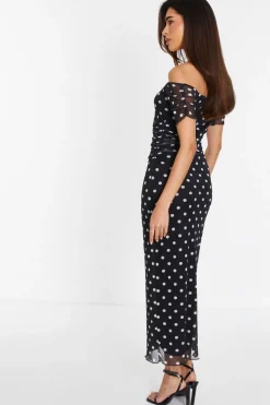 Quiz Black Mesh Polka Dot Bardot Midaxi Dress Sale