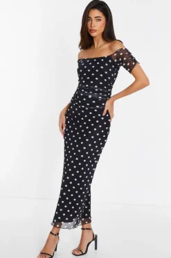 Quiz Black Mesh Polka Dot Bardot Midaxi Dress Sale
