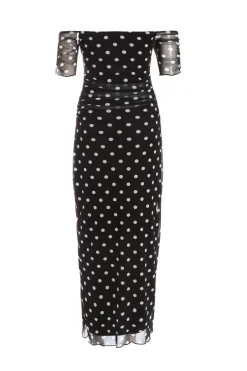 Quiz Black Mesh Polka Dot Bardot Midaxi Dress Sale