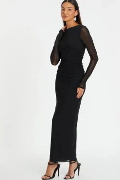 Quiz Black Mesh Ruched Midaxi Dress Sale