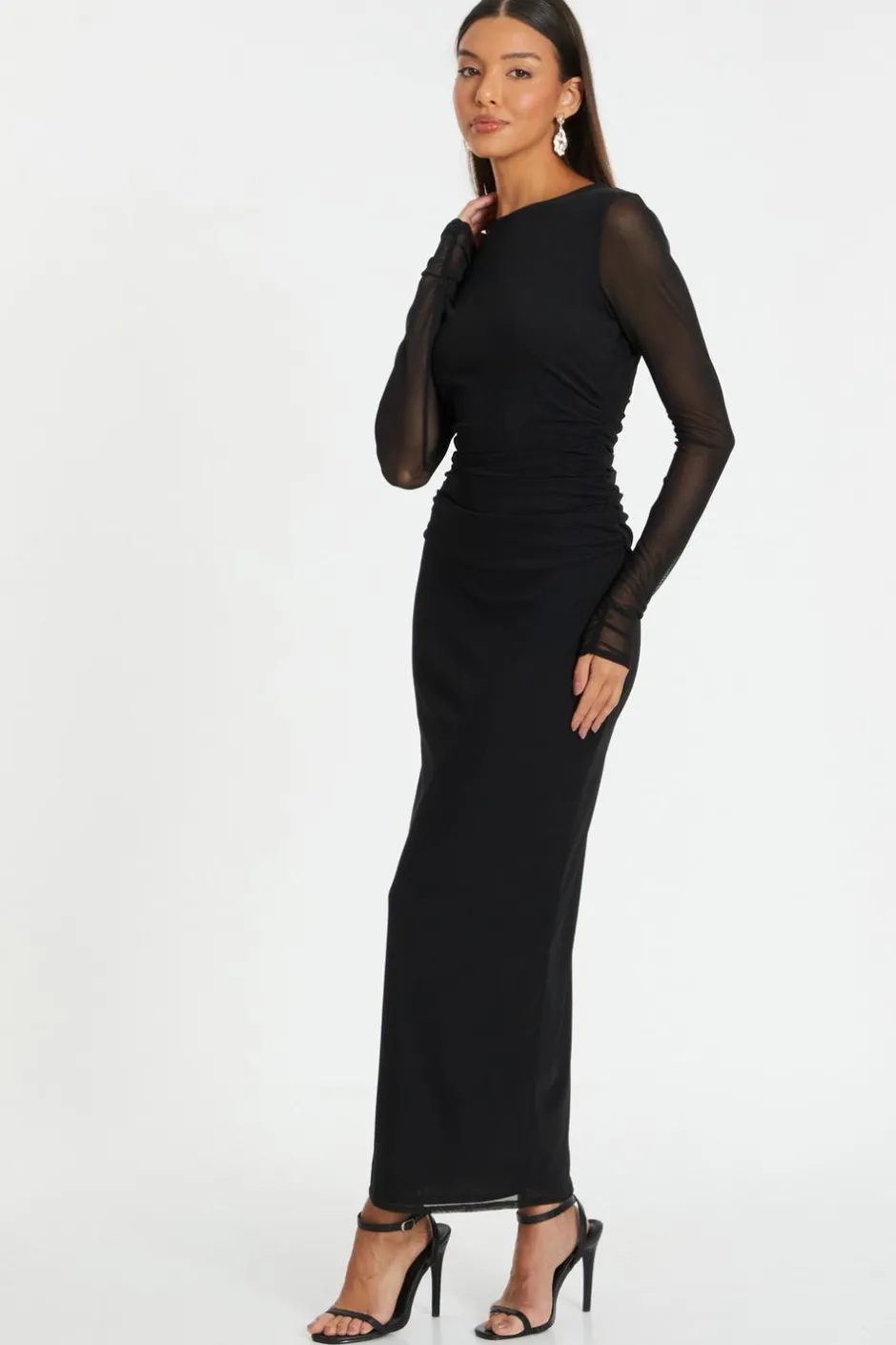 Quiz Black Mesh Ruched Midaxi Dress Sale