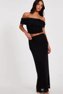 Quiz Mesh Ruched Midaxi Skirt Black