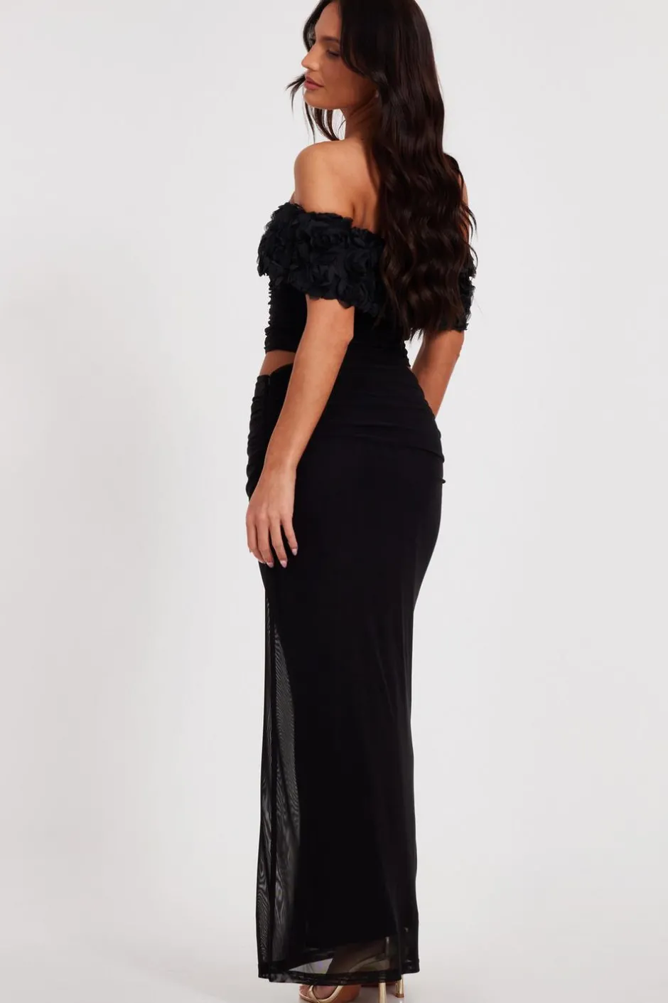 Quiz Mesh Ruched Midaxi Skirt Black