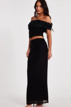 Quiz Mesh Ruched Midaxi Skirt Black
