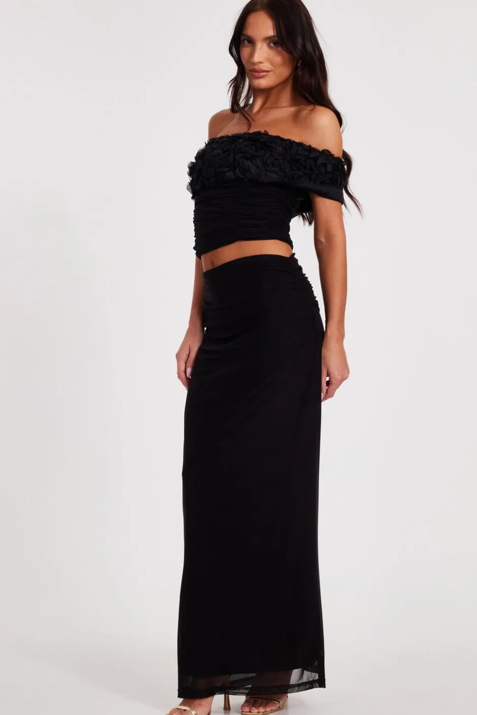 Quiz Mesh Ruched Midaxi Skirt Black