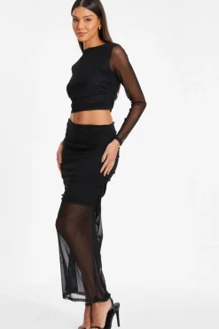 Quiz Black Mesh Ruched Midaxi Skirt Online