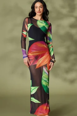 Quiz Black Mesh Tropical Print Maxi Dress Outlet