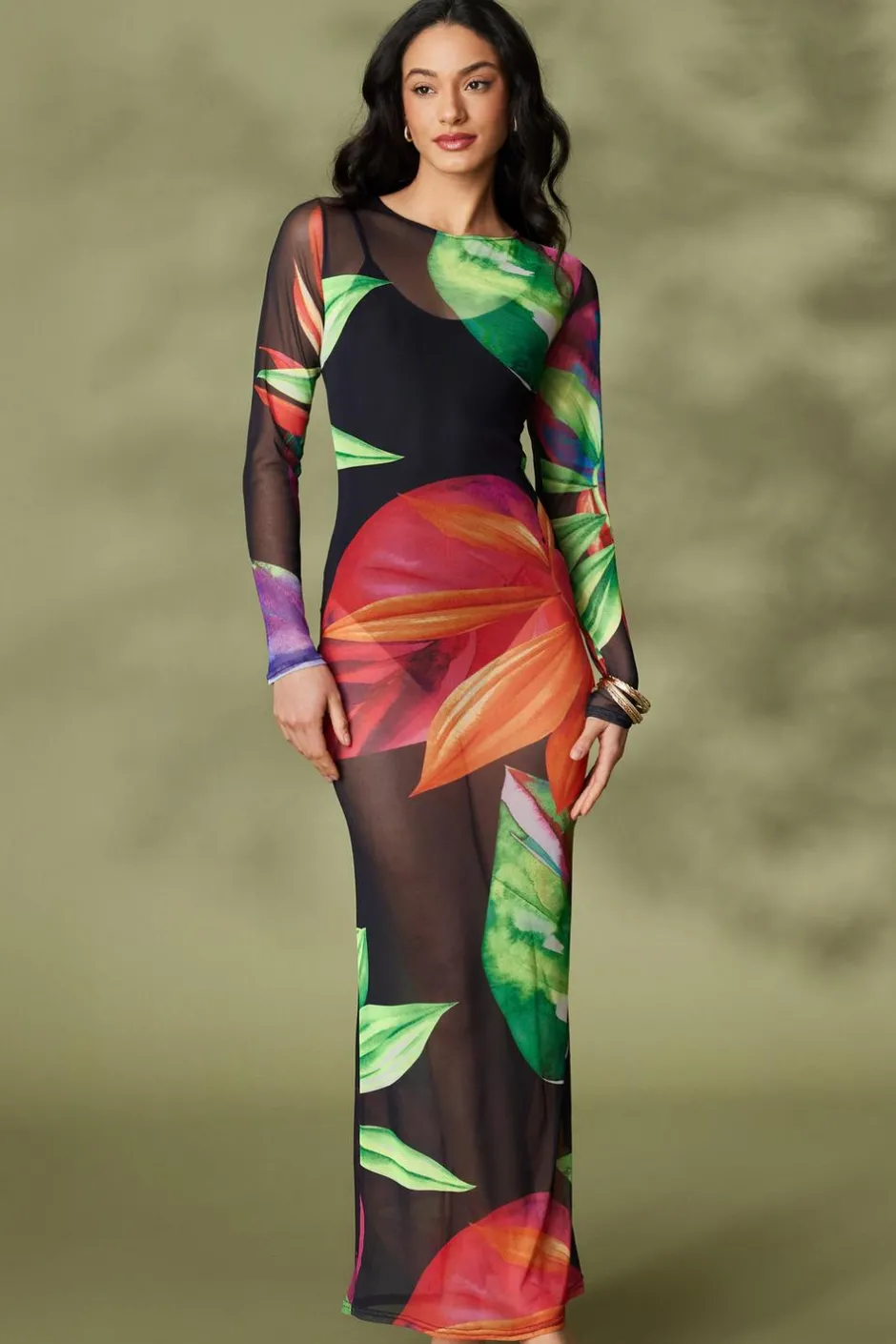 Quiz Black Mesh Tropical Print Maxi Dress Outlet