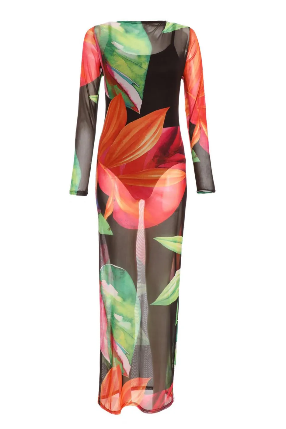 Quiz Black Mesh Tropical Print Maxi Dress Outlet