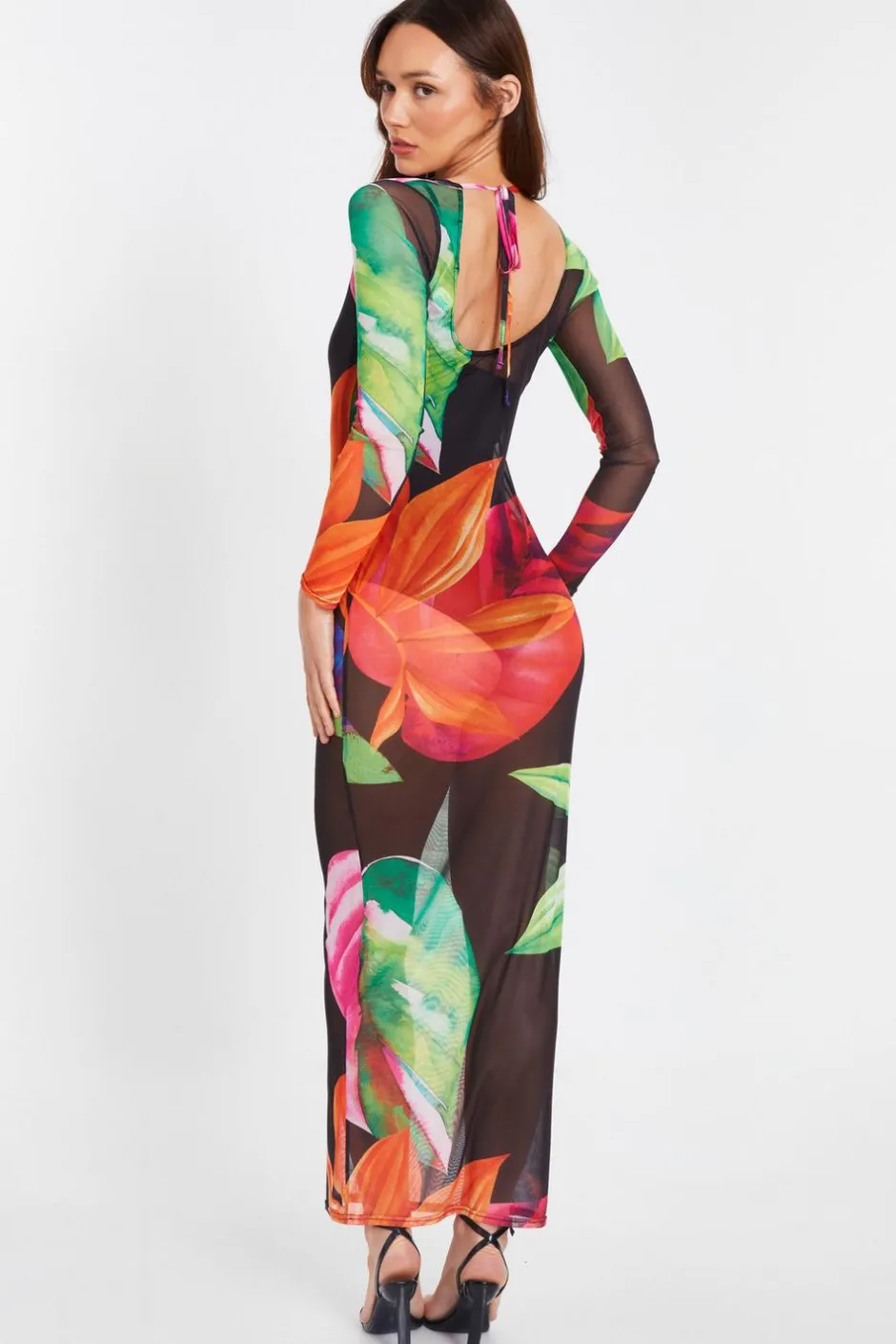 Quiz Black Mesh Tropical Print Maxi Dress Outlet