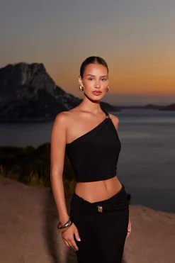 Quiz One Shoulder Crop Top Black Clearance