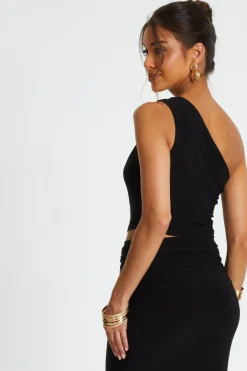Quiz One Shoulder Crop Top Black Clearance