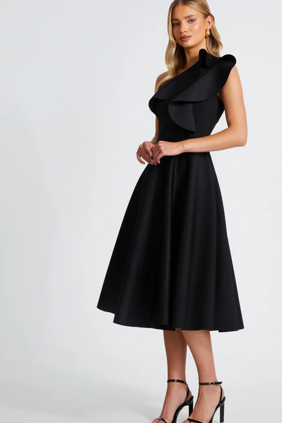 Quiz Black One Shoulder Frill Skater Dress