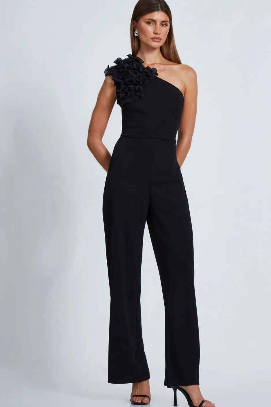 Quiz Black One Shoulder Palazzo Jumpsuit Sale
