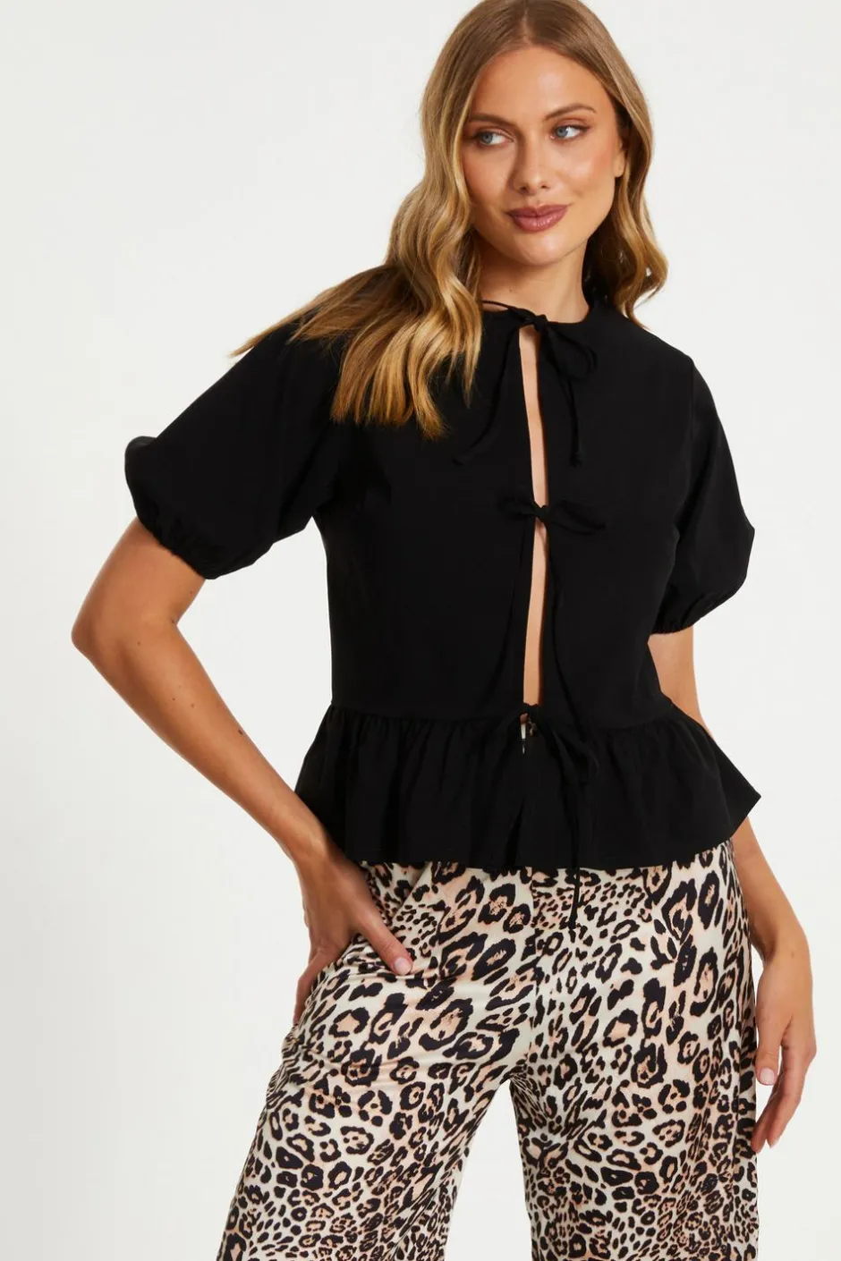 Quiz Black Peplum Tie Top New