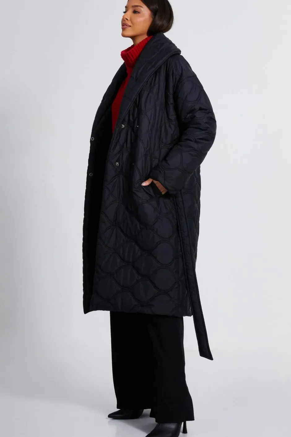 Quiz Quilted Long Line Coat Black Discount
