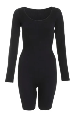 Quiz Black Ribbed Long Sleeve Playsuit Hot