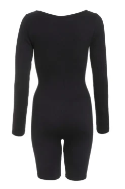 Quiz Black Ribbed Long Sleeve Playsuit Hot