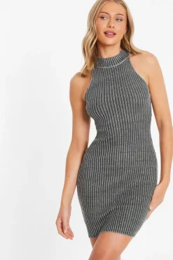 Quiz Black Ribbed Racer Mini Dress New