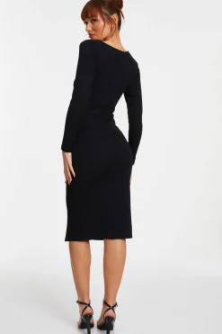 Quiz Black Ruched Asymetric Midi Dress New