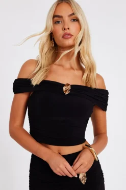 Quiz Ruched Bardot Crop Top Black Sale