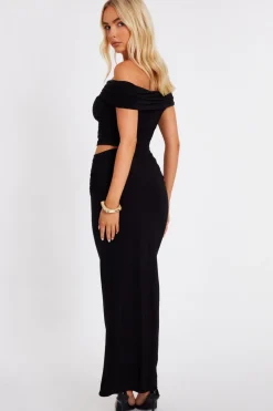 Quiz Ruched Bardot Crop Top Black Sale